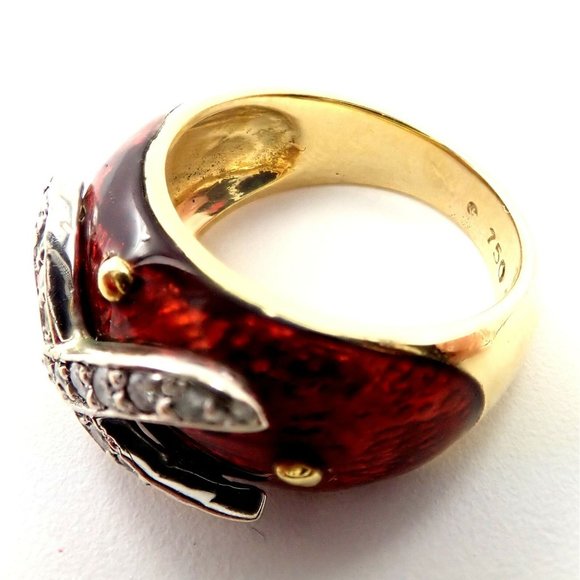 Authentic! Hidalgo 18k Yellow Gold Red Enamel X Diamond Ring Sz 5 - Picture 3 of 10